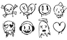 various cartoon faces drawn in black and white with hearts, skulls, and other items