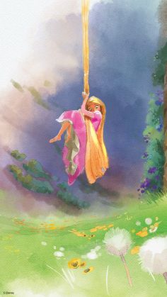 a painting of a girl swinging on a swing