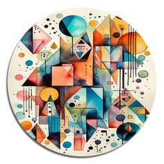 an abstract painting on a white plate with colorful shapes and lines in the center,