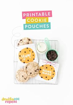 printable cookie pouches on a wire rack with cookies and chocolate chips next to them