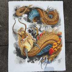 Golden Dragon watercolor (prints available) by Derek Dufresne email SpaceTigerTattoos@icloud.com Golden Japanese, Embroidery Tiger, Japanese Dragon Tattoo, Rolled Paper Art, Japanese Dragon Tattoos, Asian Tattoos, Japanese Sleeve Tattoos, Japanese Sleeve