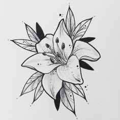 a black and white drawing of a flower with leaves on it's petals is shown