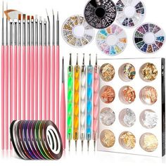 Nail art design tools, nail art decorations and nail art glitter. Ideal for nail art beginners and professional manicurist. The nail art kit is also a pretty gift for all manicure lovers. The brushes were the biggest hit; Sparkly jewels are small but lovely; Nail Striping Tapes are adhesive and Multi-color; Paillette Foil Sticker is creative. HOW TO USE? 1. Prepare your nails with BASE COAT and cure it under UV/LED lamp. 2. Apply COLOR POLISH. (DO NOT cure!) 3. Press the tin nail art foils into Nail Art Motif, Tools For Nail Art, Nail Striping Tape, Nail Design Kit, Pet Poems, Nail Dotting Tool, Nail Art Tool Kit, Polygel Nail, Pen Painting