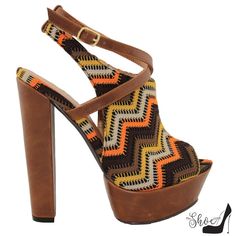 70s Style Never Looked So Good! } Major Block Heel Action To The Tune Of 5.5" } Fabric Chevron In Shades Of Brown, Orange, Yellow And White } Adjustable Ankle Strap } 2" Platform Free Gift With Purchase! 70s Heels, Open Toe High Heels, 70s Style, Gift With Purchase, Shades Of Brown, Indie Brands, Peep Toe Heels, Orange Brown, Brown Orange