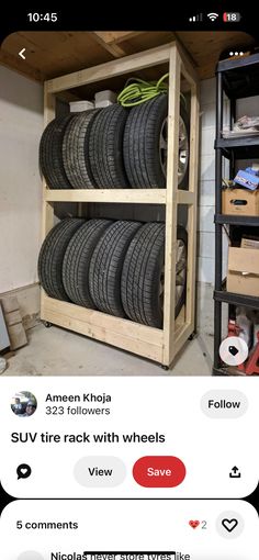 the tire rack is full of tires for sale