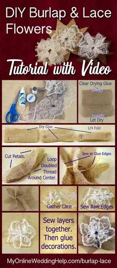 instructions for how to make burlap and lace flowers with video by my online wedding help