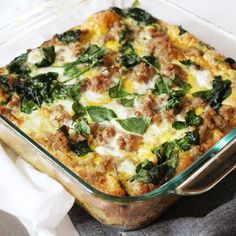 an egg casserole with sausage and spinach is shown on the instagram page