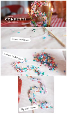 three different pictures with confetti and sprinkles on them