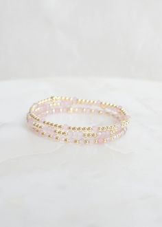 "❖Lyla | Brooke | Claire❖ * Your new favorite bracelets! Delicate and minimalistic, perfect for stacking! ‣ This listing is for a single bracelet or stack of three. ‣ Buy more, save more - applied at checkout      * 3 10% off      * 5, 15% off      * 7, 20% off ‣ These bracelets features: * 4mm Gemstones * 3mm 14k Gold Filled Beads  * 1-5mm 14k Gold Filled Bead *Beads in varying order according to bracelet selection labeled in photos* Julisa Bracelets Feature:  ‣ Tight/Sturdy elastic, pre-stretched to prevent bracelet from stretching out ‣ Sizing according to wrist size ‣Sizing Tips:  Please measure your wrist for the best fit!  *Using a soft tape measure/string, measure around your wrist, above the wrist bone *Add length according to your desired fit:       * 0\" - fitted, snug      * .25 Good Bracelet Stack, Adjustable 14k Gold Filled Bracelets For Layering, Adjustable 14k Gold-filled Bracelets For Layering, Minimalist Stackable Rose Gold Bracelets, Minimalist Rose Gold Stackable Bracelets, Dainty 14k Gold Stackable Bracelets, Dainty Stackable 14k Gold-filled Bracelets, Delicate Stackable Rose Gold Bracelets, Delicate Rose Gold Stackable Bracelets