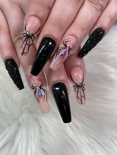 Jeweled Spider Nails, Cute Halloween Nails With Gems, Nail Ideas Spider, Acrylic Nails Spider, Black Widow Spider Nails, Rhinestone Spider Nails, Diamond Spider Nails, Spider Acrylic Nails