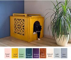 a black and white cat sitting in a yellow dog house next to a potted plant