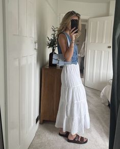 How To Style White Skirt Long, Tiered Denim Skirt Outfit, Outfits With Long White Skirt, Modest Hot Weather Outfits, Portugal Outfits Spring, Scandinavian Summer Style, Modest Country Outfits, Montana Outfits Summer, Double Date Outfit