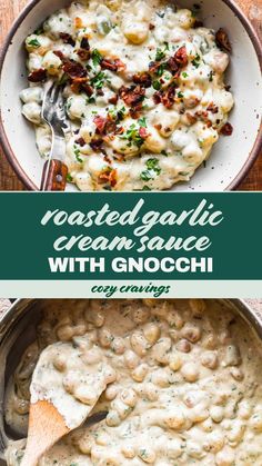 two images with text that reads roasted garlic cream sauce with gnocchi and creamy gravy