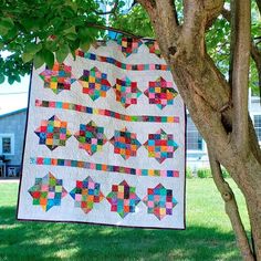 a quilt hanging from a tree in the grass