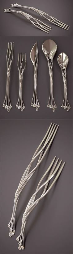 several different types of forks and spoons in various positions, with the same design on them