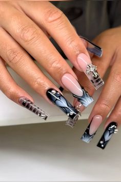 Blue Black Nails, Black Acrylic Nails, Cute Acrylic Nail Designs, Short Square Acrylic Nails, Classic Nails, Acrylic Nails Coffin Short, Square Acrylic Nails, Classy Nails