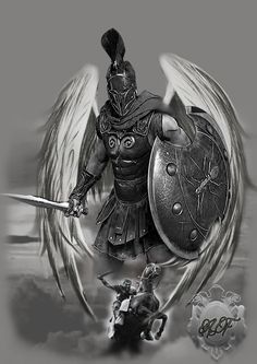 a black and white photo of a knight with wings