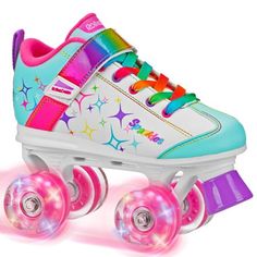 the roller skates are colorfully decorated with stars and sparkles on it's wheels