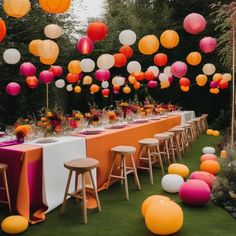 Colour Birthday Party, Pink And Yellow Picnic, Summer Ball Decorations, Sunset Soiree Party, Sunset Party Decorations, Hanging Decorations From Ceiling, Sunset Themed Wedding, Colorful Wedding Decorations, Appetizer Table