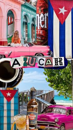 there is a pink car parked on the side of the road next to some colorful buildings