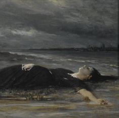 a painting of a woman floating in the ocean with her head above the water's surface