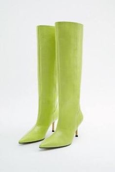 Pinterest Heeled Leather Boots, Zara Outlet, Insole Design, Zara Boots, Green Boots, Leather Boots Heels, High Heel Boots Knee, Leather Heeled Boots, Knee High Leather Boots