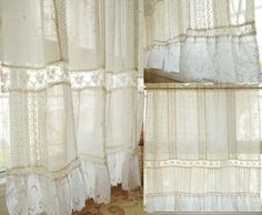 the curtains in this room are white and have ruffled lace trims on them