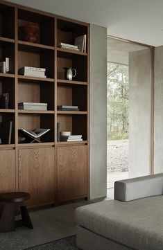 a living room filled with furniture and bookshelves