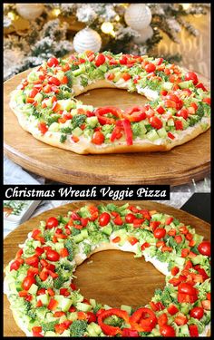 christmas wreath veggie pizza on a wooden platter