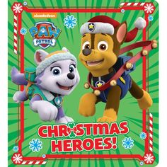 the paw patrol christmas heros are in front of a green background with snowflakes