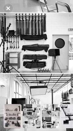 black and white photograph of various equipment in a room