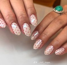 Pink Nails White Dots, White With Red Polka Dots Nails, White And Red Polka Dot Nails, Pokadot Nails Christmas, Simple Nails Dots, Simple Nail Designs Valentines Day, Red And Green Polka Dot Nails, December Nail Inspo Almond, Pika Dot Nails