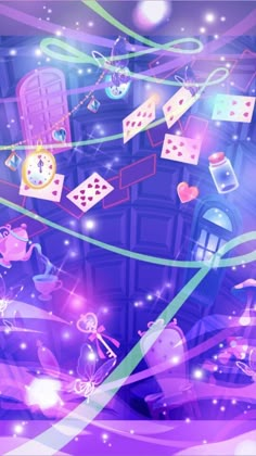 an animated scene with playing cards and dices in the air, surrounded by lights