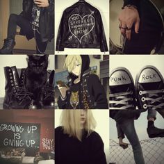 a collage of photos with black and white outfits, shoes, and graffiti written on them