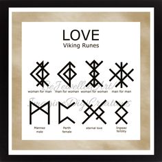 a framed poster with the words love, viking rules and other symbols in black frame