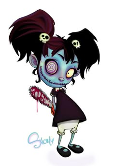 a drawing of a zombie girl with her hair in pigtails and skully eyes