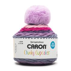 the yarn ball is purple, pink and grey with a white label that says crayo chunk cupcakes