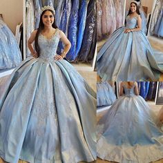 Sparkly Light Blue Quinceanera Dresses Ball Gown V-Neck Lace Appliques Sweet 16 | eBay Dusty Blue Quinceanera Dresses, Winter Quinceanera Ideas, Winter Quinceanera Dresses, Cinderella Sweet 16 Ideas, Light Blue Quinceanera Theme, Winter Wonderland Quinceanera Theme, Light Blue Sweet 16 Dresses, Baby Blue Quinceanera Theme, Quinceanera Dresses Sparkly