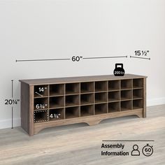 a large wooden shelf with compartments and measurements