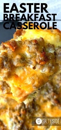 two pieces of breakfast casserole stacked on top of each other with text overlay