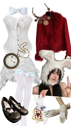 a collage of different outfits and accessories including a clock, rabbit costume, white tights, red jacket, black shoes