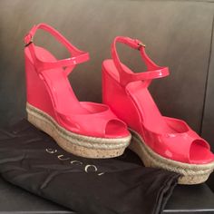 Gucci Vernice Crystal Begonia Pink Wedge Sandal Worn Twice Excellent Condition Box And Dust Bag Size 8.5 Luxury Pink Wedge Sandals For Party, Luxury Pink Wedge Heel Sandals, Gucci Casual Pink Sandals, Gucci Pink Platform Sandals, Summer Pink Gucci Heels, Pink Wedge Sandals, Shoes Gucci, Wedge Sandal, Gucci Shoes