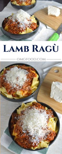 two black pans filled with lasagna sauce and cheese on top of a wooden cutting board