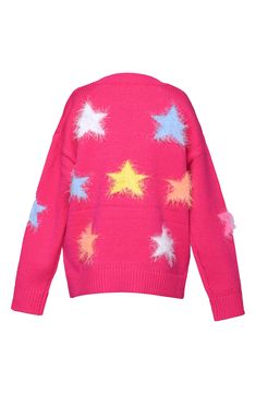 Fluffy stars texture this cute and cozy sweater that brings a fun pop of color to your kid's wardrobe. 40% viscose, 40% polyamide, 20% polyester Hand wash, dry flat Imported Cheap Fun Pink Sweater, Pink Star Sweater, Hot Pink Winter Sweater, Hot Pink Knit Sweater, Playful Pink Knitted Sweater, Fluffy Sweater, Kids Wardrobe, Light Sweater, In Hot