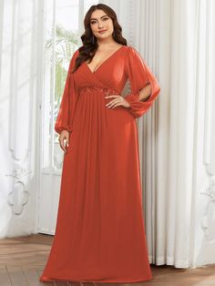 Custom Size Chiffon V-Neckline Long Sleeve Formal Evening Dress #color_Burnt Orange Elegant V-neck Chiffon Wedding Dress, Chiffon V-neck Gown For Banquet, V-neck Gown With Sheer Sleeves For Evening, Formal Chiffon V-neck Gown, Chiffon V-neck Evening Dress For Banquet, Chiffon V-neck Gown For Gala, Elegant Flowy Mother Of The Bride Dress For Party, Elegant Flowy V-neck Gown, Elegant V-neck Maxi Dress For Banquet