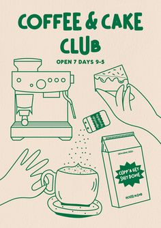 coffee and cake club flyer with hand pouring coffee into a cup, next to a box of doughnuts