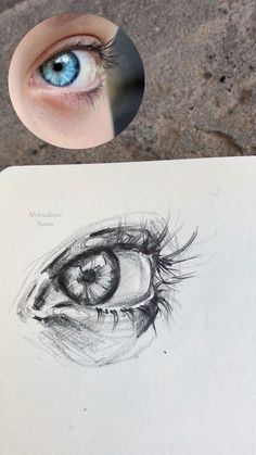 an eye is shown next to a piece of paper with a pencil drawing on it