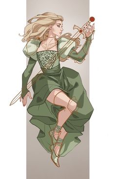 a drawing of a woman in a green dress holding a wine glass with her right hand