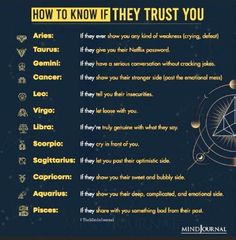 the zodiac sign is shown in gold and black, with an explanation on how to know if they trust you