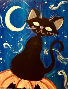 a painting of a black cat sitting on top of a pumpkin with the moon in the background